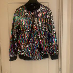 Multi colored sequin jacket with front zipper